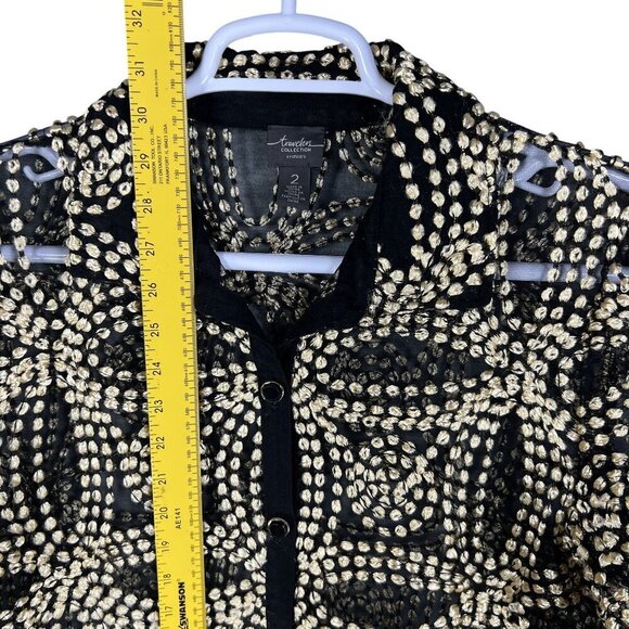 Chicos Travelers Collection 2/ L Black Sheer Gold Needle Stitch Button Up Jacket - Picture 10 of 16